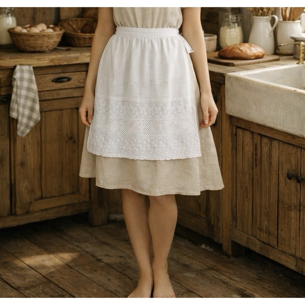 Handmade White Apron Lace Eyelet Vintage Kitchen